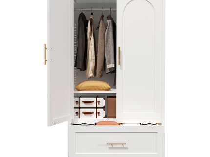 Wardrobe Cabinet With 1 Drawer And Hanging Rod, 2 Doors Closet With Shelf For Bedroom - White