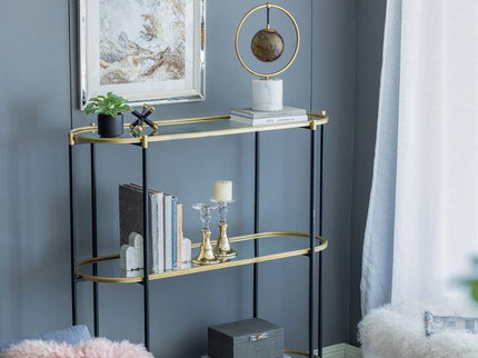 3 Tier Metal Console Table, Mirrored Shelf - Golden Black