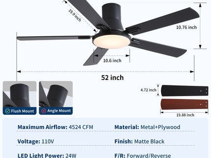 Flush Mount Ceiling Fans With LED Light And Remote Control, 5 Blades