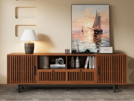TV Stand, Entertainment Center With Slatted Doors, Cable Management, Soft Closing Hinges - Walnut