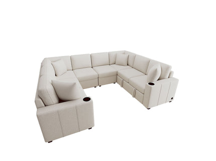 Modern U-Shaped Sectional Sofa Convertible Pull-Out Sofa Bed With USB Ports And Cup Holders