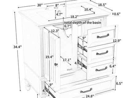 30" Bathroom Vanity With Sink, 3 Drawers, Adjustable Feet