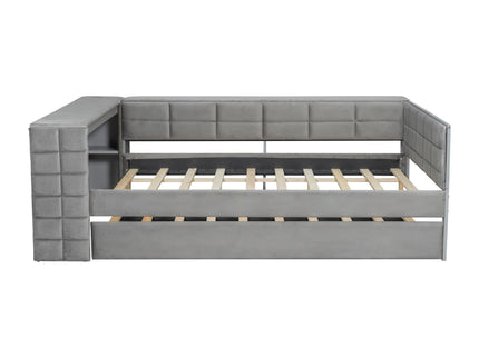 Upholstered Platform Bed With Storage Shelves, Desk, Charging Station And Trundle