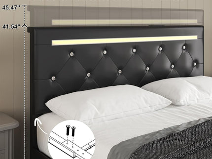 Upholstered Bed Frame With LED Lights, 4 Storage Drawers, Charging Station