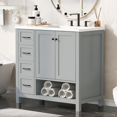 Bathroom Vanity With Sink Top, Bathroom Vanity Cabinet With 2 Doors And 2 Drawers, Open Shelf