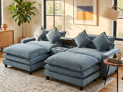 Modern Sectional Sofa With Removable Ottomans, USB Ports