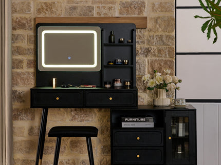 Modern Makeup Vanity Desk With Mirror And Lights Retractable Design Engineered Wood - Black