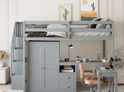 Loft Bed With Stairs, Bookshelf, Drawers, Desk & Wardrobe, Space Saving Multifunctional Furniture