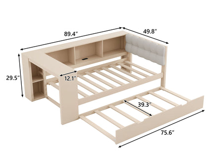 Upholstered Headboard Platform Bed With Storage Shelves, Trundle, Charging Station