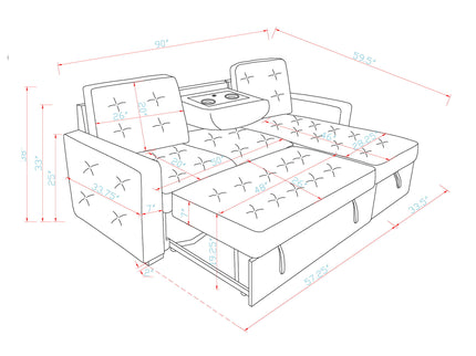 Gustavo - Sofa, Pull Out Bed, Storage Chaise, USB And Cup Holders - Beige