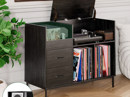 Eco-Friendly Vinyl Record Player Stand With Flip-Top Storage, Media Console With Dual Outlets And Dustproof Drawers