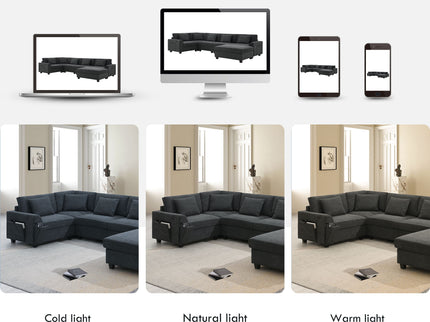 U Shaped Sectional Sofa 6 Seat Couch Set With Oversized Ottoman, Hidden Armrest Storage And Cup Holders USB Charging Ports Wide Seat Sofa