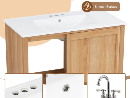 36" Bathroom Vanity With Sink, Soft Close Drawers - Natural