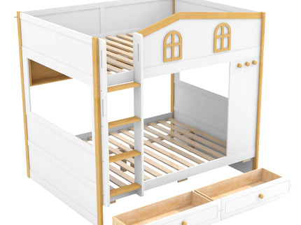 Bunk Bed With House Shaped Guardrails, Storage Shelves, And Trundle