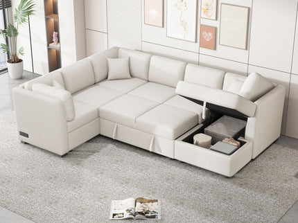 U-Shaped Sectional Sofa Pull Out Sofa Bed With Two USB Ports, Two Power Sockets, Three Back Pillows And A Storage Chaise For Living Room