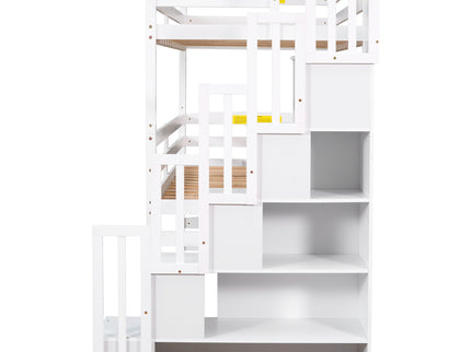 Twin Size Triple Bunk Bed With Storage Staircase, Separate Design - White