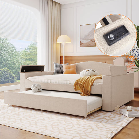 Upholstered Daybed With Storage Armrests, Trundle And Latest Integrated tooth Audio System