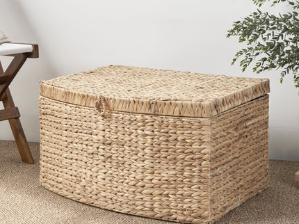 Rectangular Curve Water Hyacinth Woven Wicker Trunk With Handles For Clothes Toys Magazines And Book Storage - Natural / Light Brown