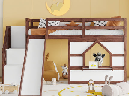 Loft Bed With Storage Stairs, Slide, Playhouse Window And 7 Colors LED Lights