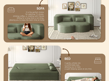 Modern Floor Sofa With 2 Pillows, Convertible Twin Size Folding Mattress For Living Room