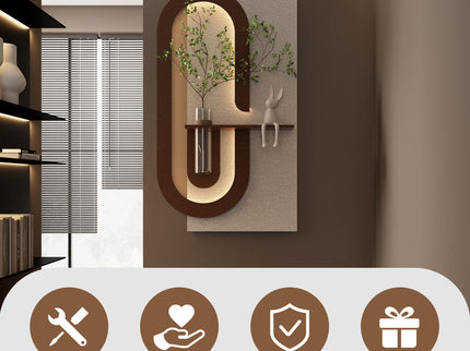 Adjustable LED Sandstone Wall Decor With Simulated Plants 3D Art Sculpture, Glass Vase & Rabbit Statue, Remote Control - Light Coffee
