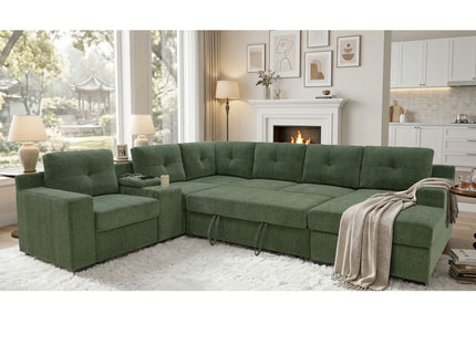 U - Shape Sectional Pull Out Bed With Console, Storage, And USB Charging