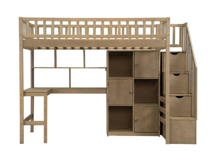 Loft Bed With Built In L Shaped Desk, LED Lights, Storage Shelves, Cabinets, And Staircase