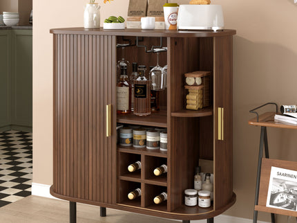 Fluted Wine Bar Cabinet With 8 Grid Wine Rack, 5 Level Adjustable Shelves, 2 Glass Holders