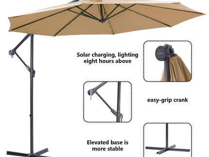 Outdoor Cantilever Patio Umbrella With 32 LED Lights 10 Ft Hanging Design Easy Open Adjustment Metal Frame - Taupe