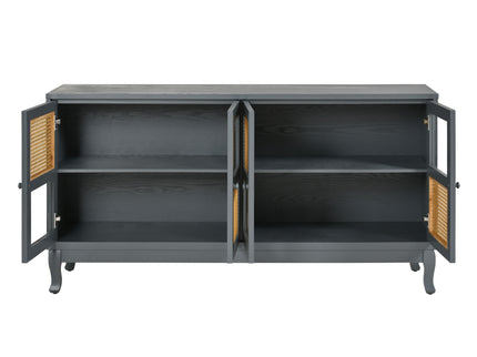 Retro Industrial 4 Door Sideboard With Large Storage, Rattan And Glass Doors