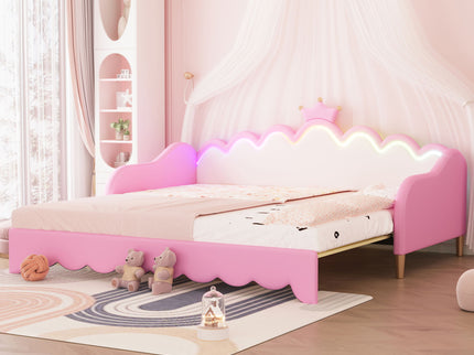 Extending Daybed With LED Lights, Modern Upholstered Princess Daybed With Crown Headboard