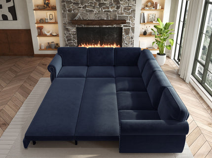L-Shaped Sofa Couch With Pull Out Bed With Nailhead Trim & Rolled Arm