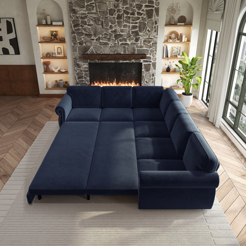 L-Shaped Sofa Couch With Pull Out Bed With Nailhead Trim & Rolled Arm