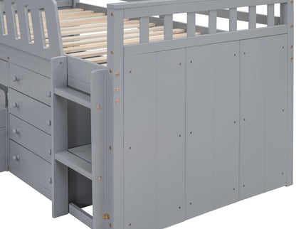 Loft Platform Bed With 7 Drawers And Full Guardrails, Modern L Shaped Space Savin