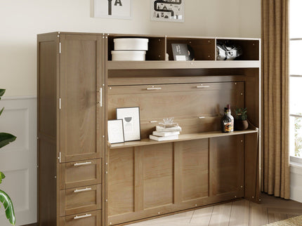 Full Size Murphy Bed With Wardrobe, Drawers, And Open Shelves - Wood