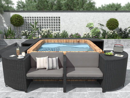 Spa Surround Spa Frame Quadrilateral Outdoor Rattan Sectional Sofa Set With Mini Sofa, Wooden Seats And Storage Spaces