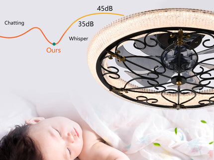 20" Caged Ceiling Fan With Remote Control And Crystal Sand Lampshade - Matte Black