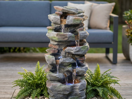 Rock Waterfall Outdoor Fountain With LED Lights - Gray