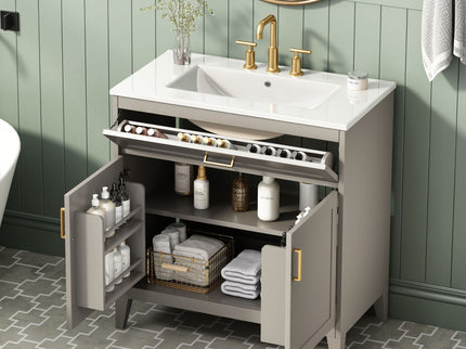 30" Bathroom Vanity With Sink Top, Soft Close Double Doors & Tip Out Drawer, Adjustable Interior Shelf, Door Mounted Organizers - Beige