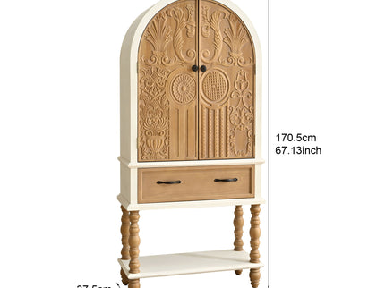 Arched Flower Carved Door Accent Sideboard Cabinet With 1 Drawer And Shelf, Cabinet For Kitchen - Natural / White