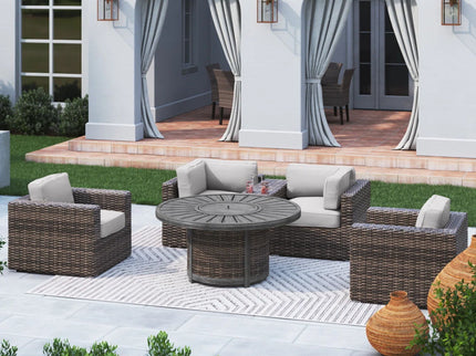 Patio Seating Group For 4 With Cushions And Fire Pit Table - Brown