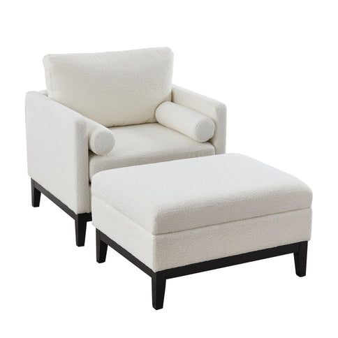 Farmhouse Upholstered Accent Chair With Ottoman, Reversible Lid Coffee Table