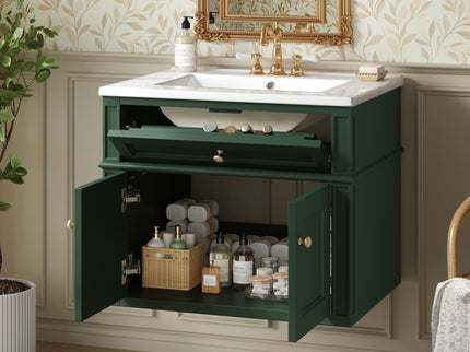 Wall Mounted Bathroom Vanity With Tip Out Drawer And Open Back Design