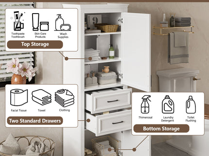 Freestanding Bathroom Vanity Tall With Damping Hinge Doors, Adjustable Shelves - White