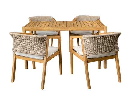 Outdoor Dining Set 1 Table 4 Chairs (Set of 5) - Teak / Beige