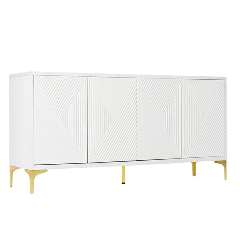 Modern Wood Sideboard Cabinet With Carved Door Panels, Adjustable Shelves, And Sturdy Metal Legs