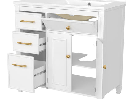 Modern Bathroom Vanity With Ceramic Sink, Freestanding, One Tip Out Drawer, 3 Side Drawers, Adjustable Shelf