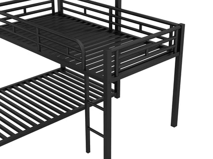 L-Shaped Triple Twin Size Bunk Bed, Industrial Design With Integrated Ladder And Full Length Guardrails - Black
