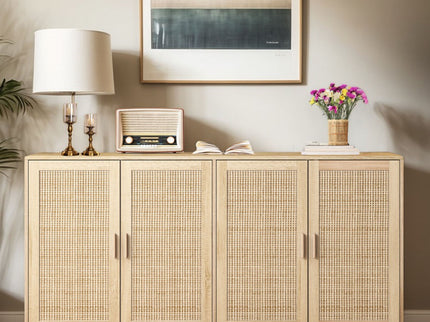Elegant And Functional 4 Door Rattan Decorative Storage Cabinet