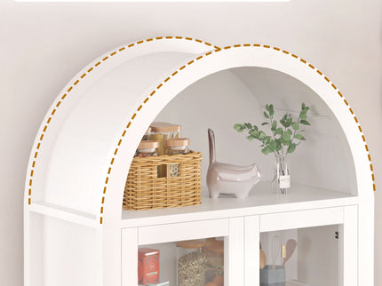 Fluted Tall Arched Pantry Cabinet With Adjustable Shelves, Glass Door & Hidden Drawer For Kitchen